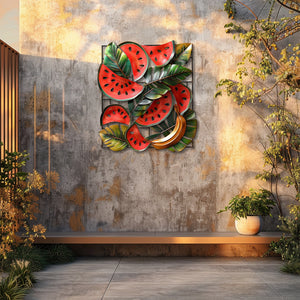 Tropical watermelon and banana metal wall art with lush botanical leaves for summer kitchen decor 4