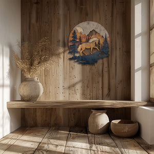 Mountain horse metal wall art with pine forest and rustic wilderness scenery 4