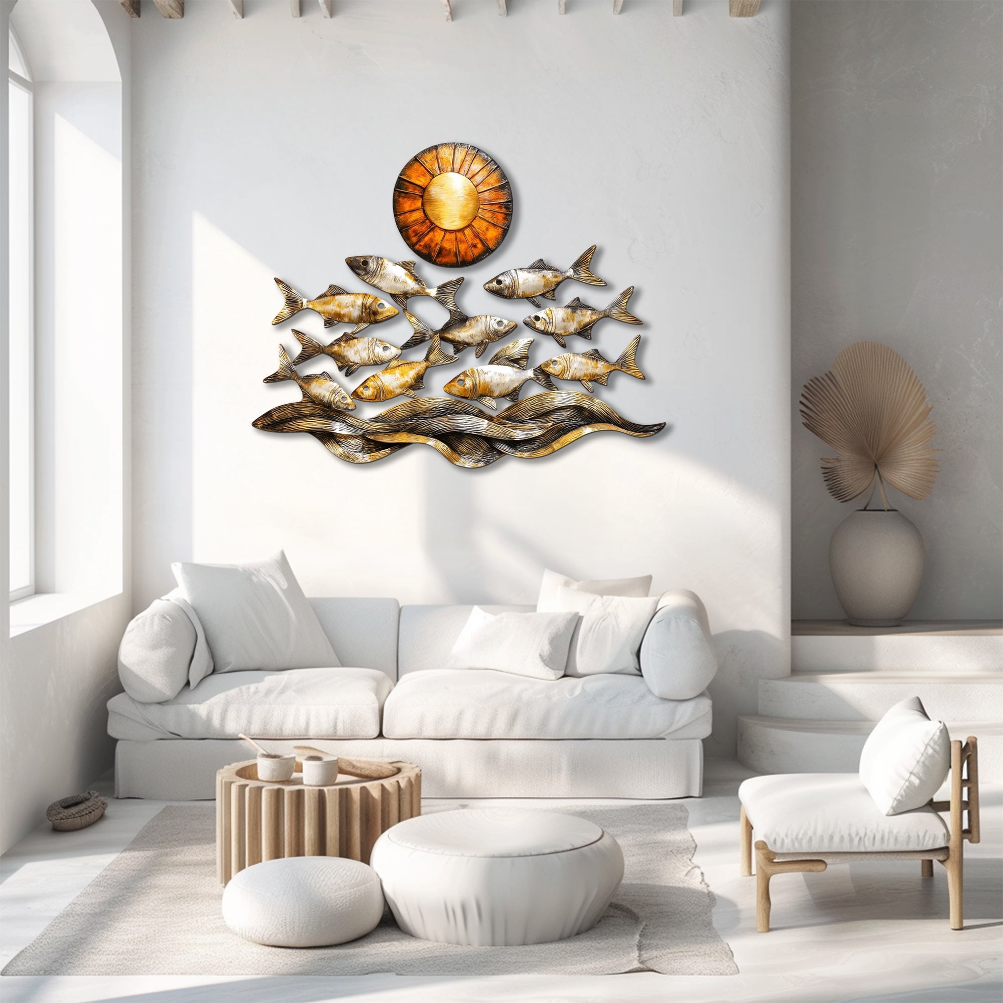 Golden coastal fish metal wall art with ocean waves and sunset nautical aluminum wall decor 4