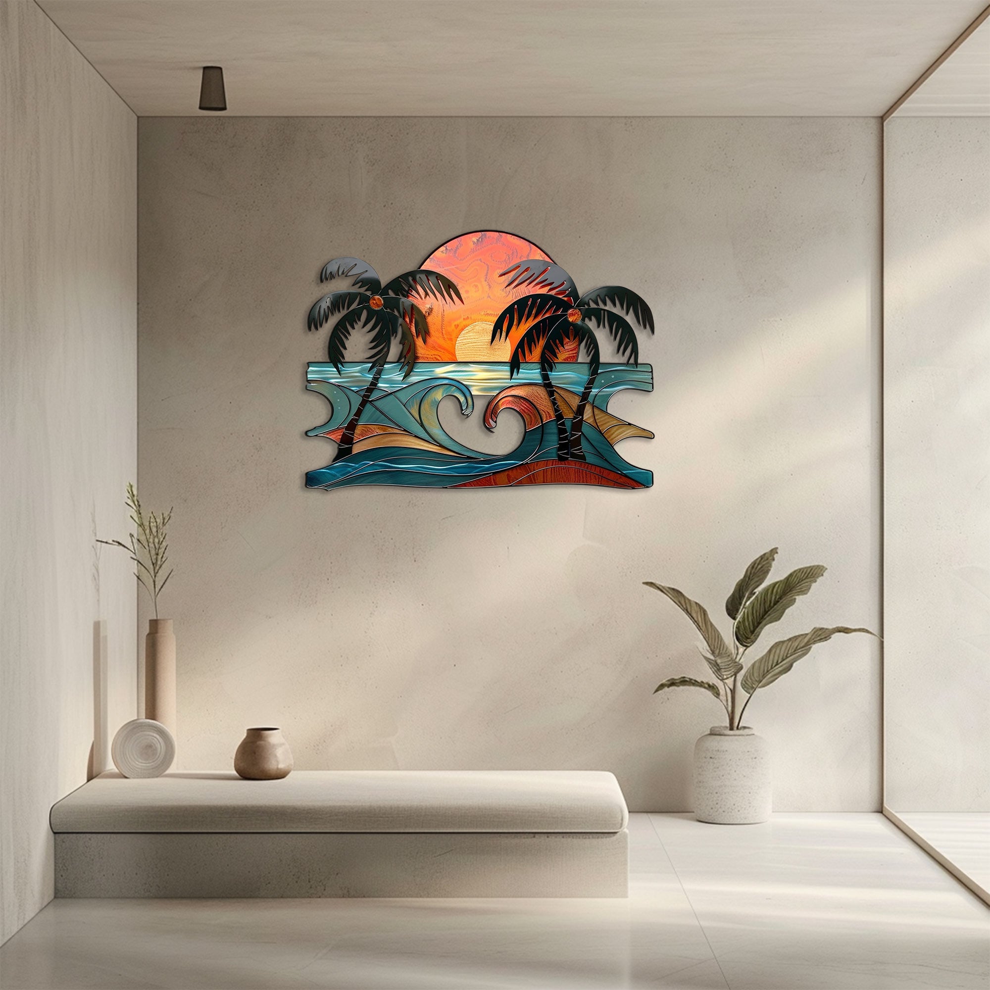 Ocean wave heart metal wall art with hidden wave heart center double sunset sun dark palm silhouettes coastal beach bedroom aluminum wall decor 4