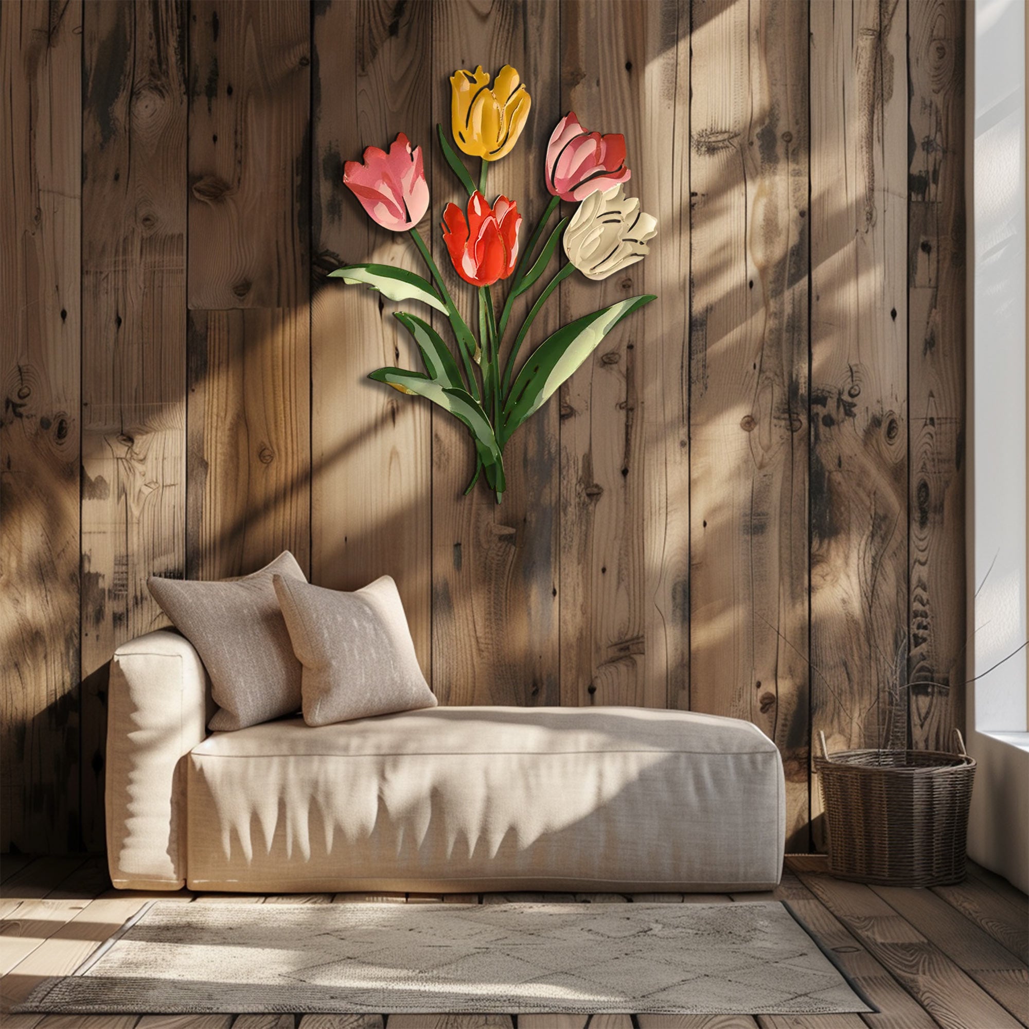 Pastel tulip bouquet metal wall art with colorful floral botanical design mounted on textured wall 4