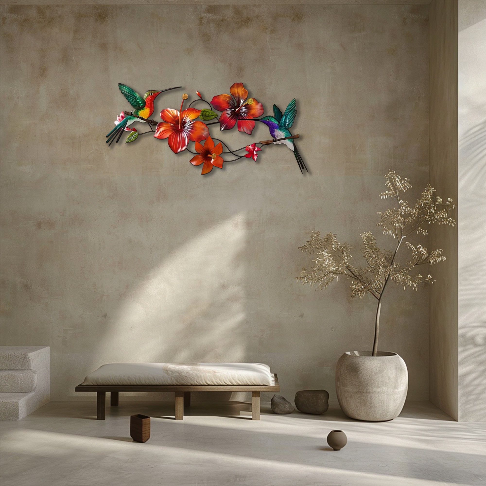 Hummingbird Flower UV printed aluminum metal wall art for tropical living room and patio decor 5