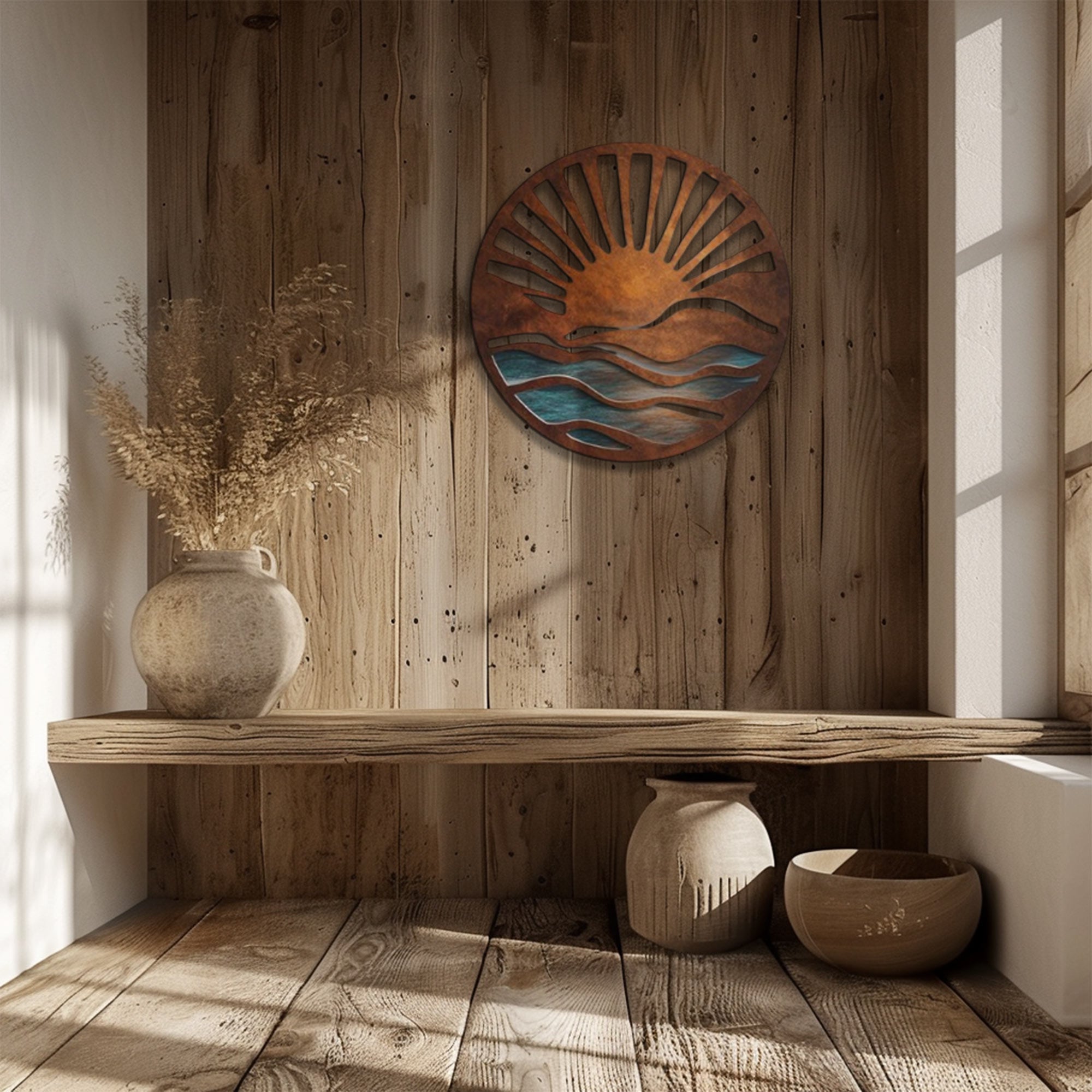 Rustic Ocean Sunrise UV printed aluminum metal wall art for coastal beach house living room and patio decor 6