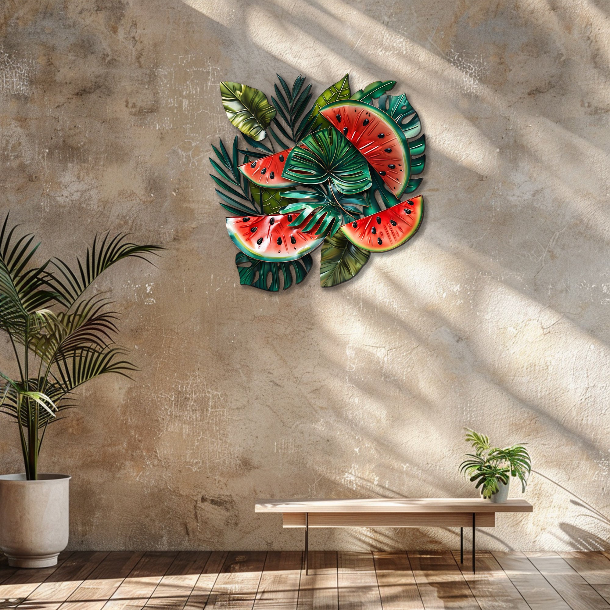Tropical watermelon metal wall art with lush botanical leaves for summer kitchen decor 5