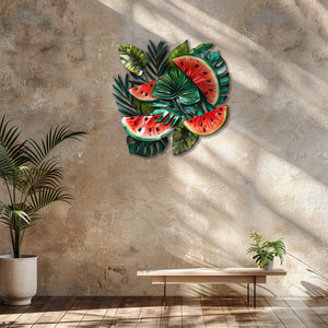 Tropical watermelon metal wall art with lush botanical leaves for summer kitchen decor 5