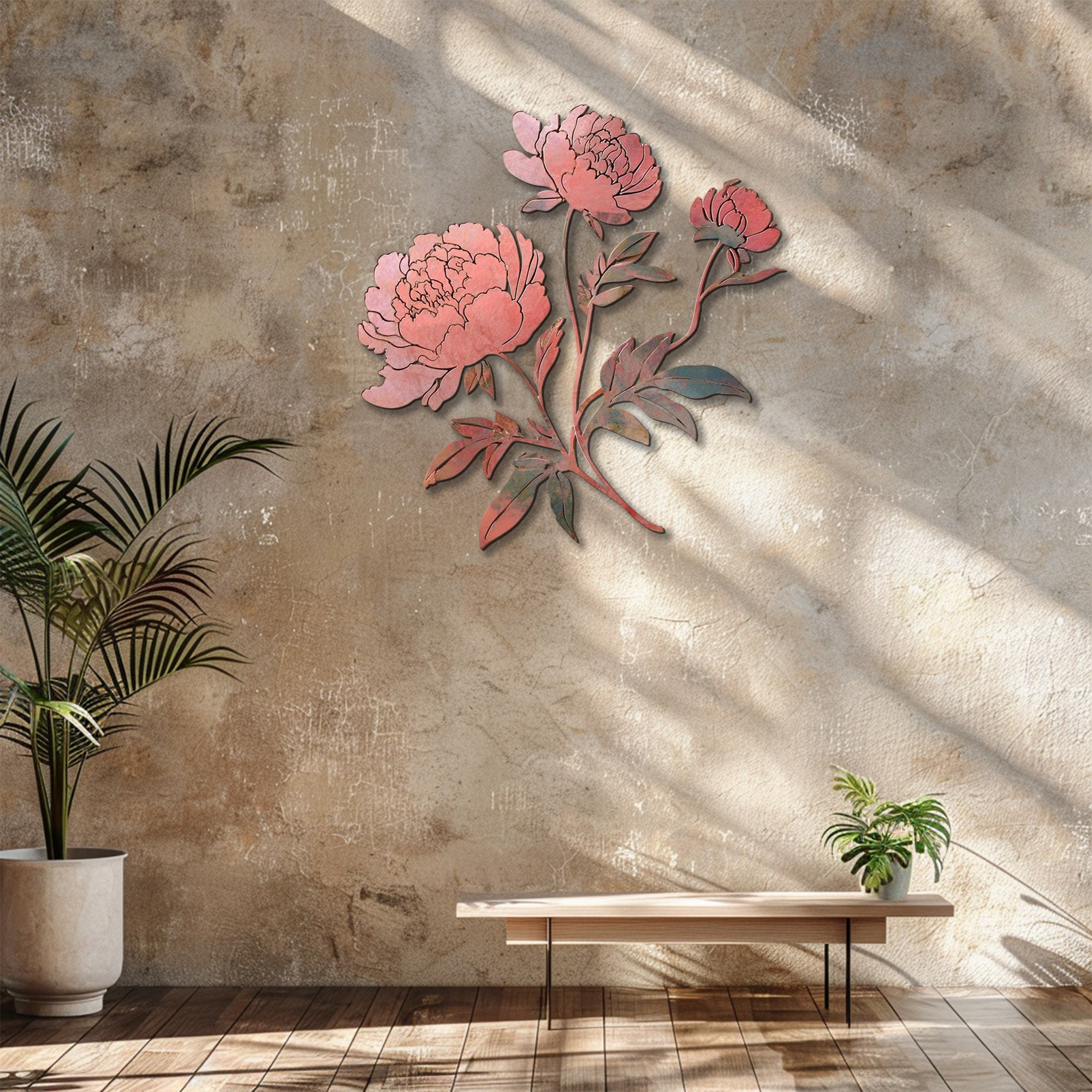 Blush pink peony metal wall art with elegant botanical floral design mounted on textured wall 5