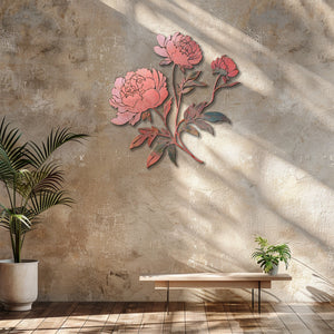 Blush pink peony metal wall art with elegant botanical floral design mounted on textured wall 5
