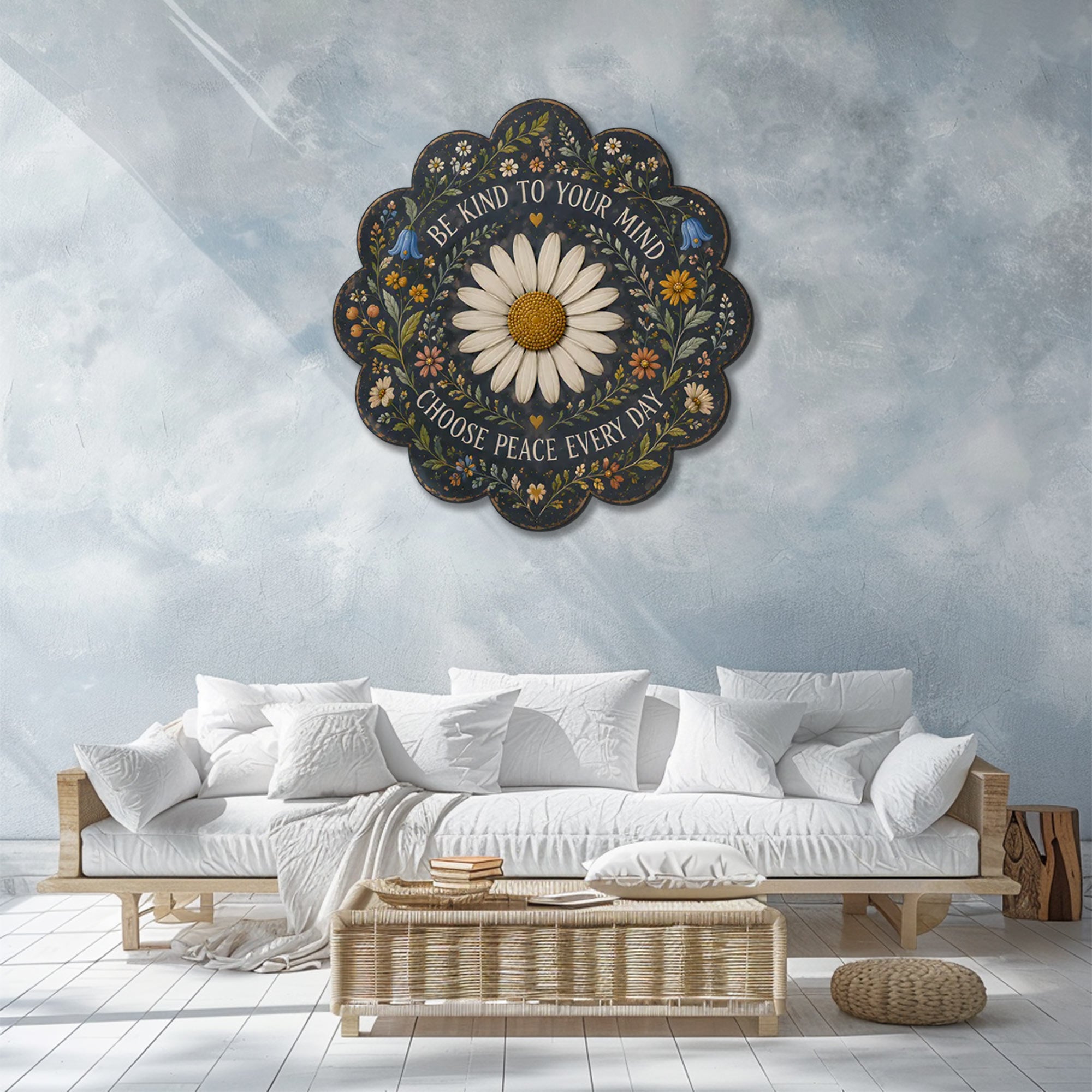 Be Kind Daisy Peace UV printed aluminum metal wall art for dark floral living room bedroom and patio decor 6