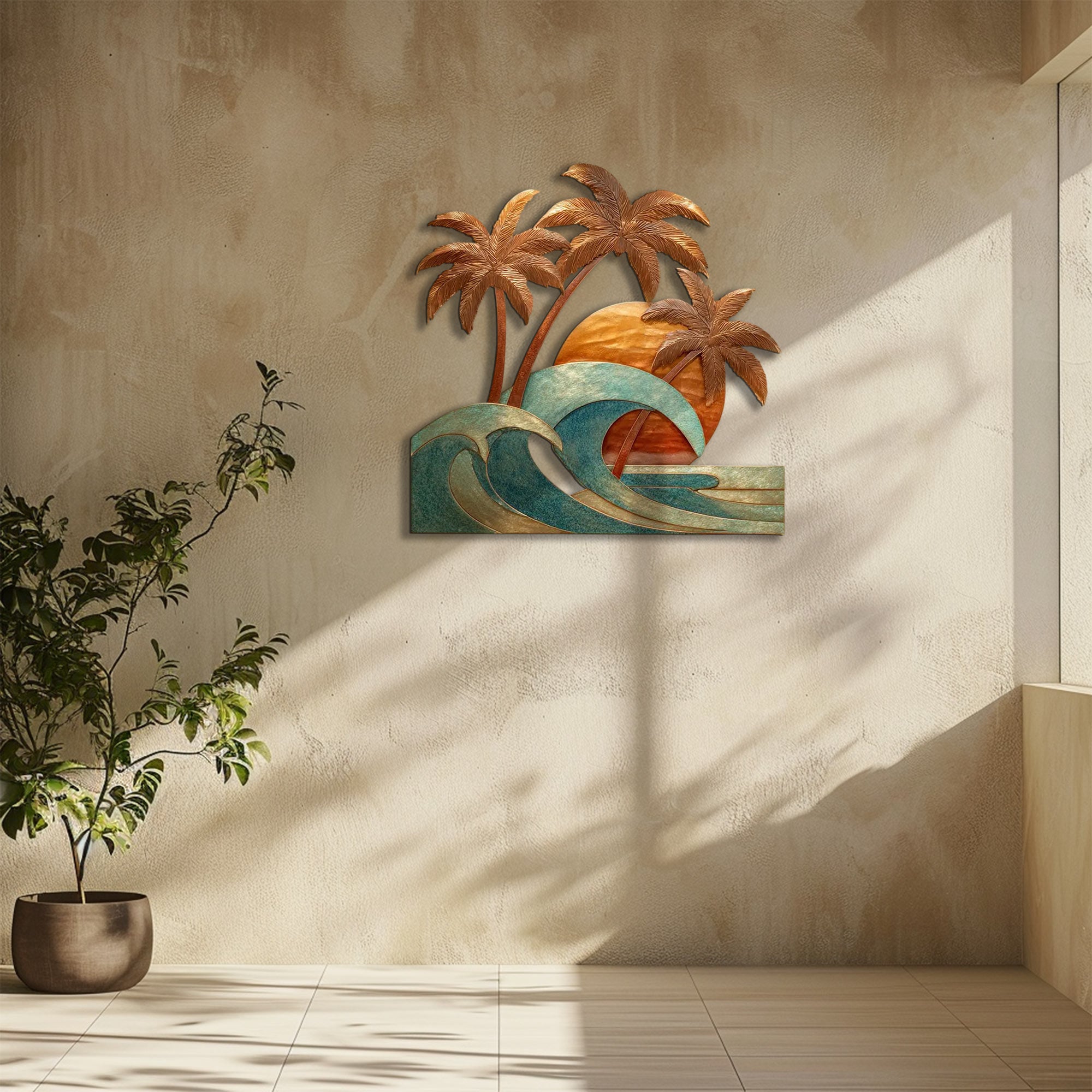 Tropical sunset wave metal wall art with palm trees and coastal ocean design mounted on textured wall 5