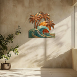 Tropical sunset wave metal wall art with palm trees and coastal ocean design mounted on textured wall 5