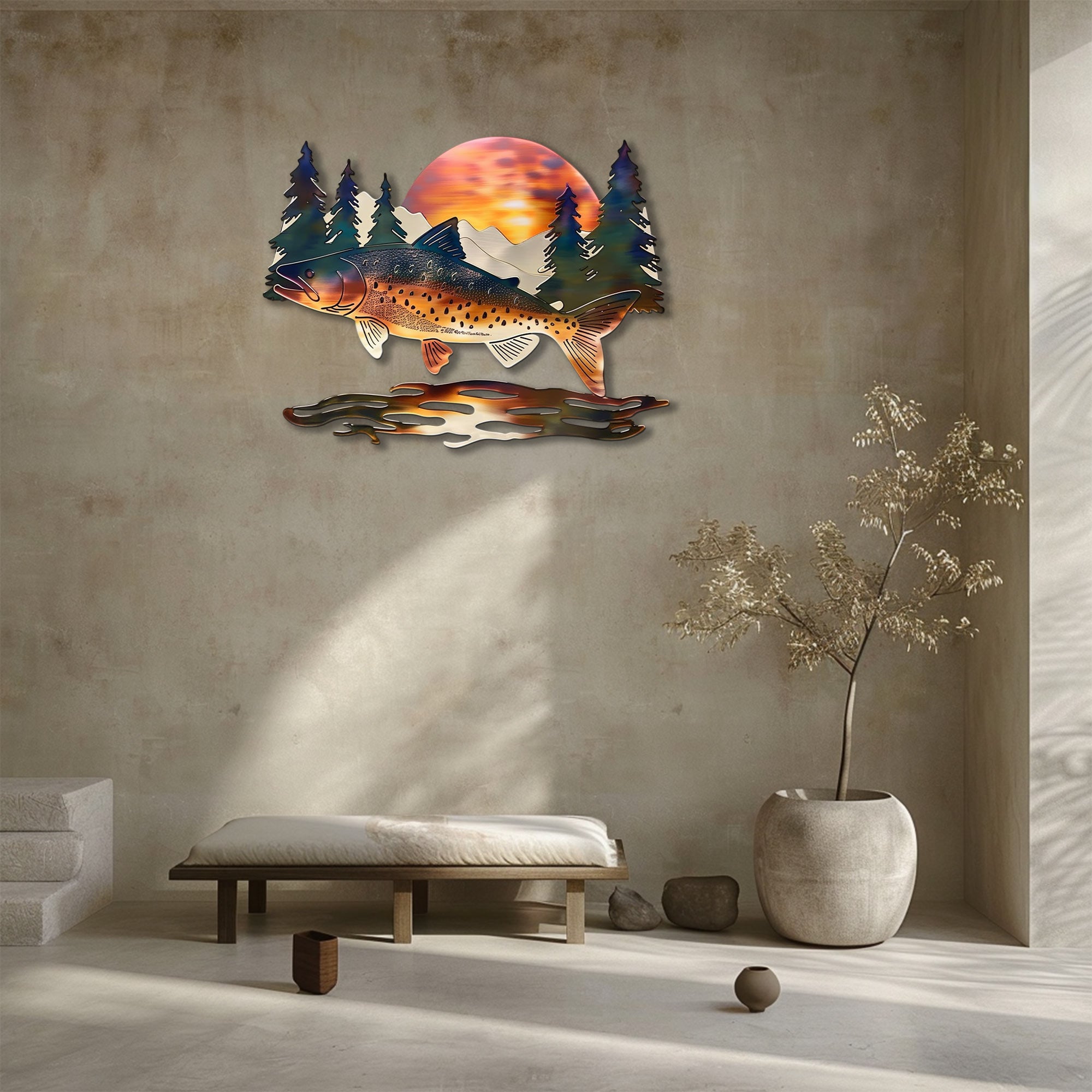 Brown trout fish metal wall art with leaping trout wild salmon mountain sunset rustic cabin pine trees wilderness lodge aluminum wall decor 5