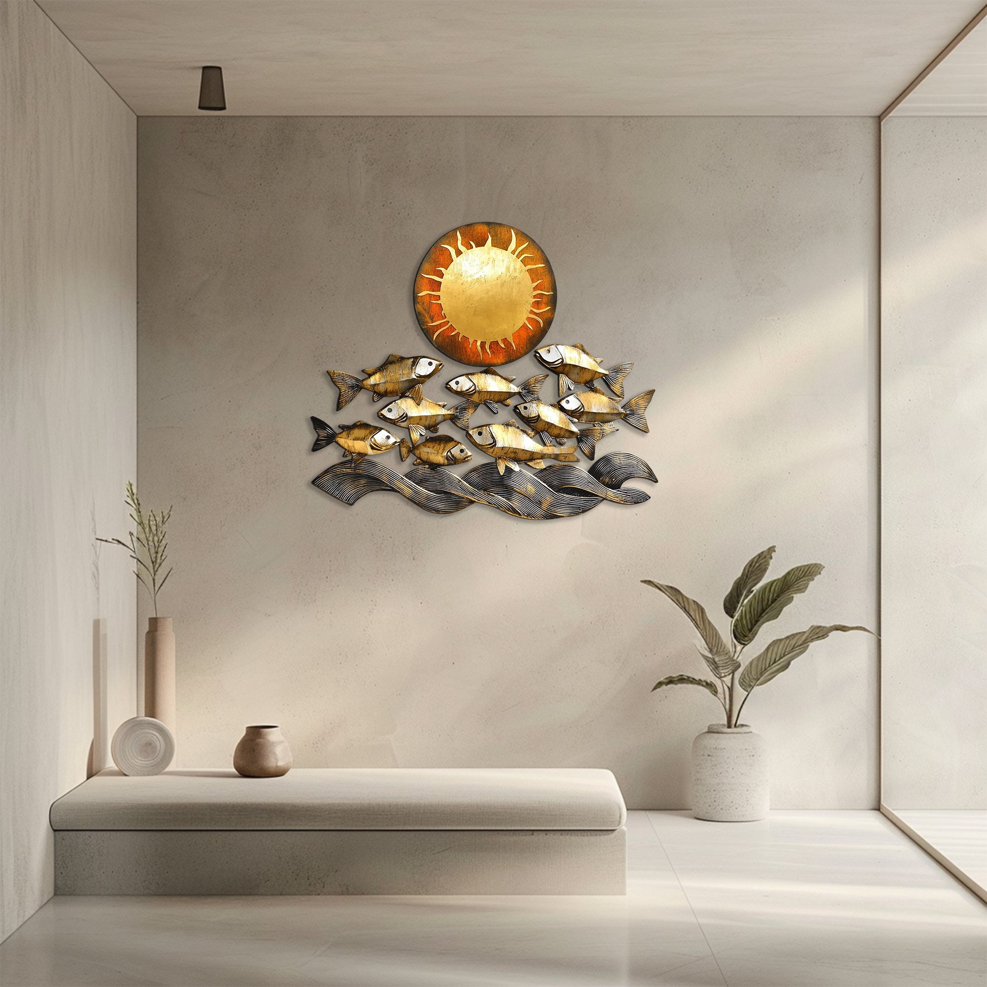 Golden fish metal wall art with ocean waves and sun coastal aluminum wall decor 5