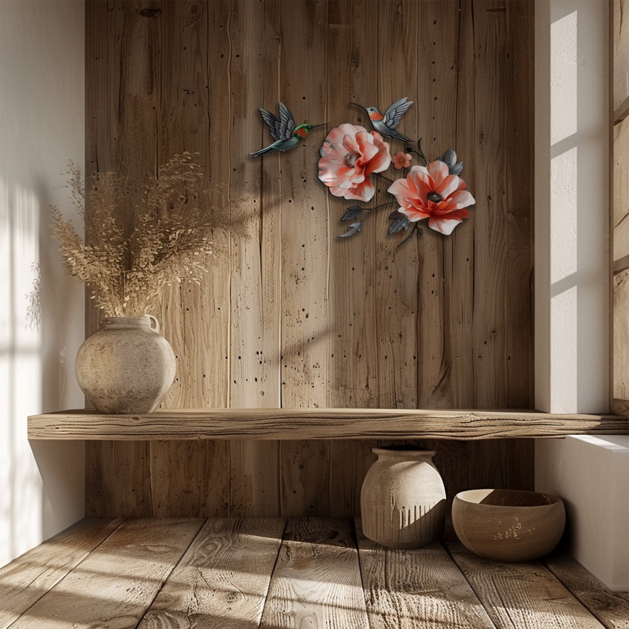 Hummingbird Poppy Flower UV printed aluminum metal wall art for floral living room and patio decor 5