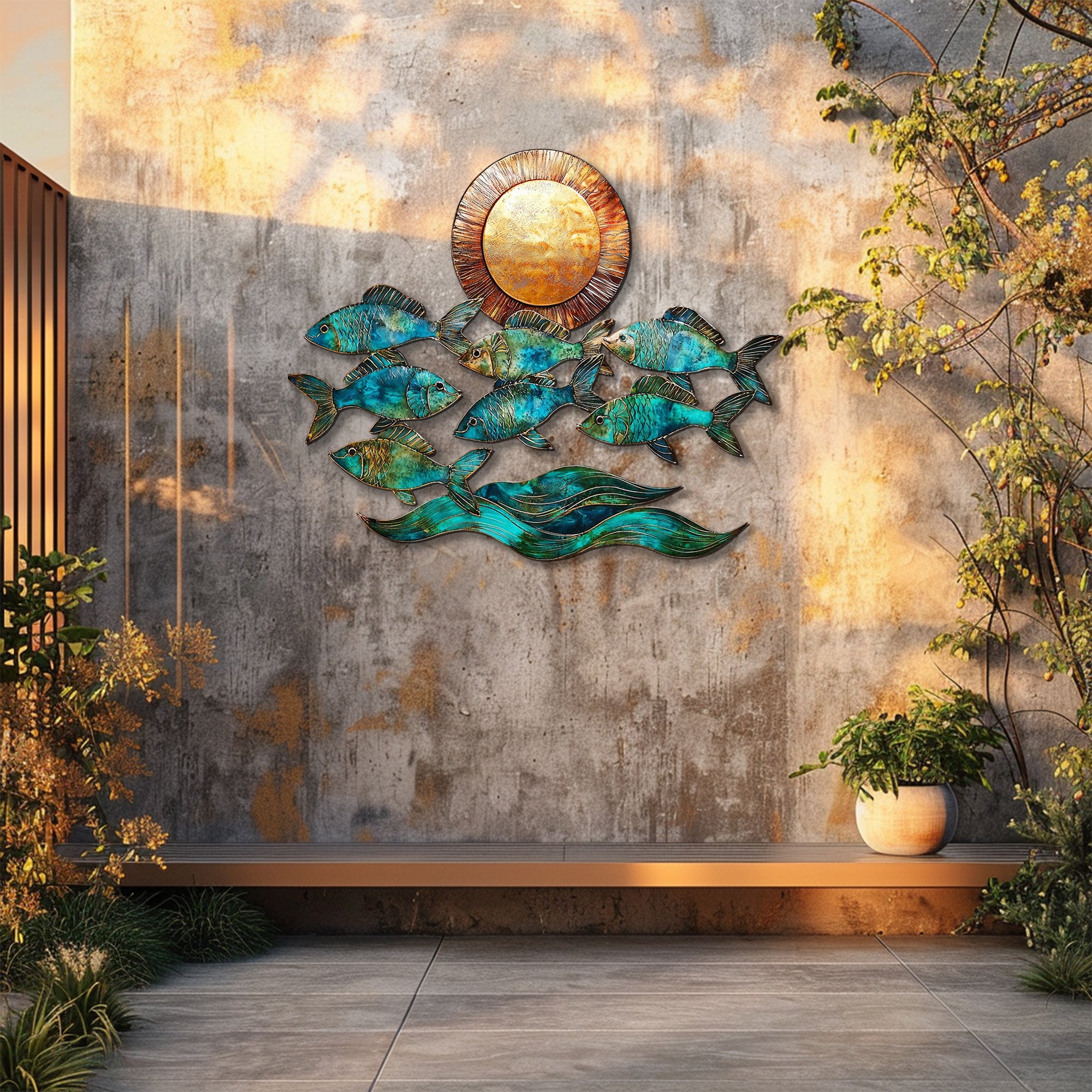 Turquoise fish metal wall art with ocean waves and sunset coastal aluminum wall decor 5