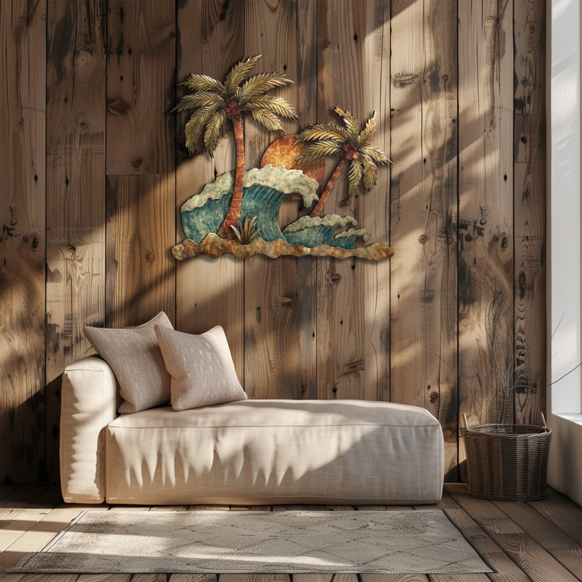 Tropical ocean wave metal wall art with palm trees and sunset coastal design mounted on textured wall 5