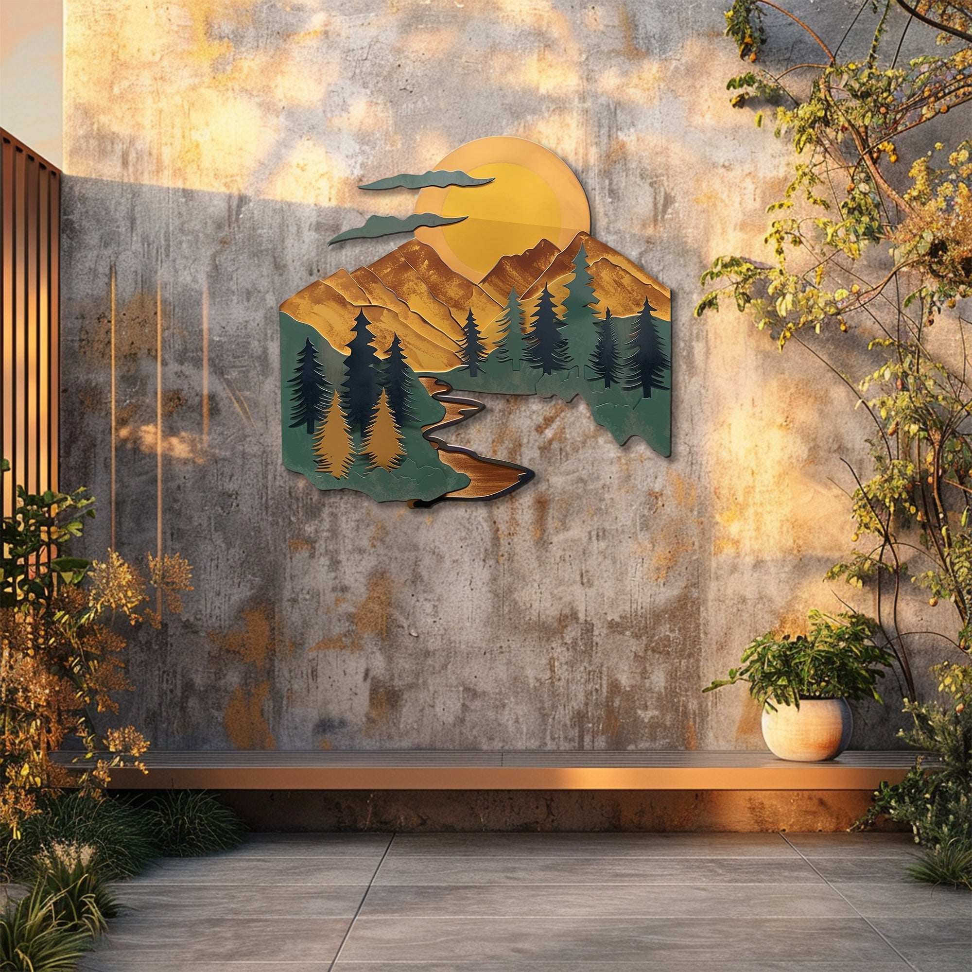 Mountain river sunset metal wall art with pine trees winding river stream and giant golden sun rustic cabin aluminum wall decor 5