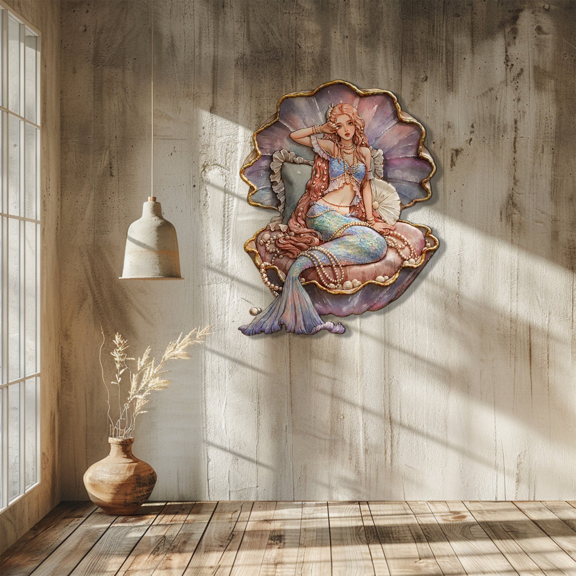 Mermaid Pearl Seashell UV printed aluminum metal wall art for ocean bedroom nursery and beach house decor 6