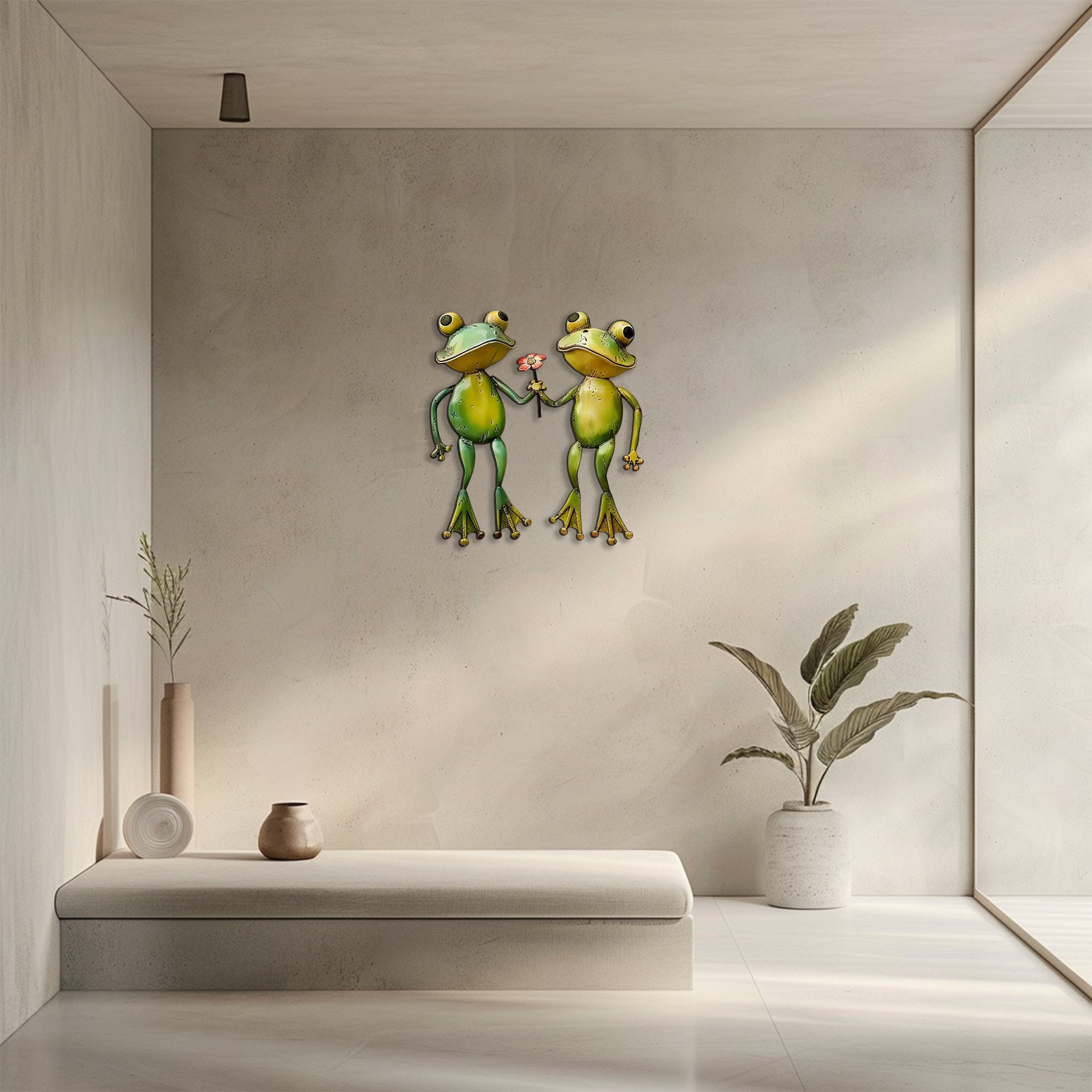 Cute frog couple metal wall art holding flower whimsical garden aluminum wall decor 5
