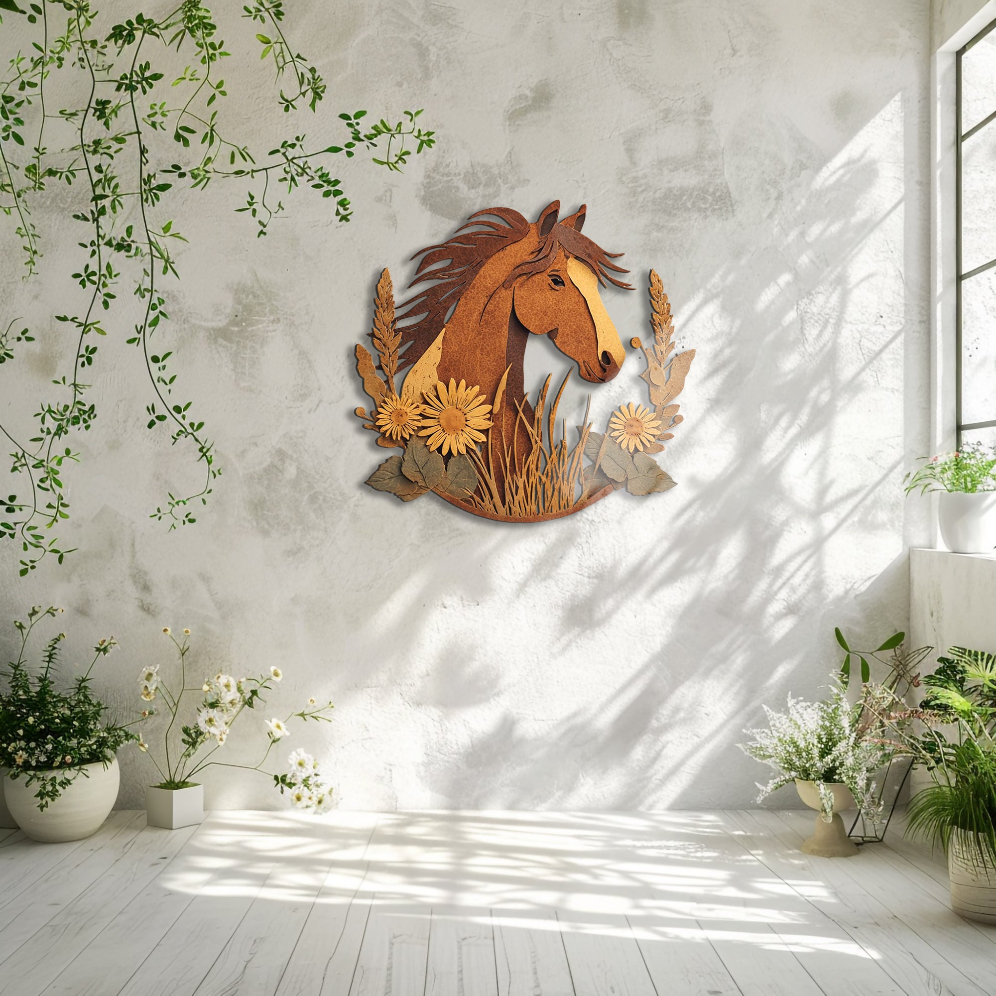 Rustic horse metal wall art with prairie flowers and western farmhouse styling 5