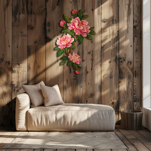 Pink peony branch metal wall art with elegant floral botanical design mounted on textured wall 5