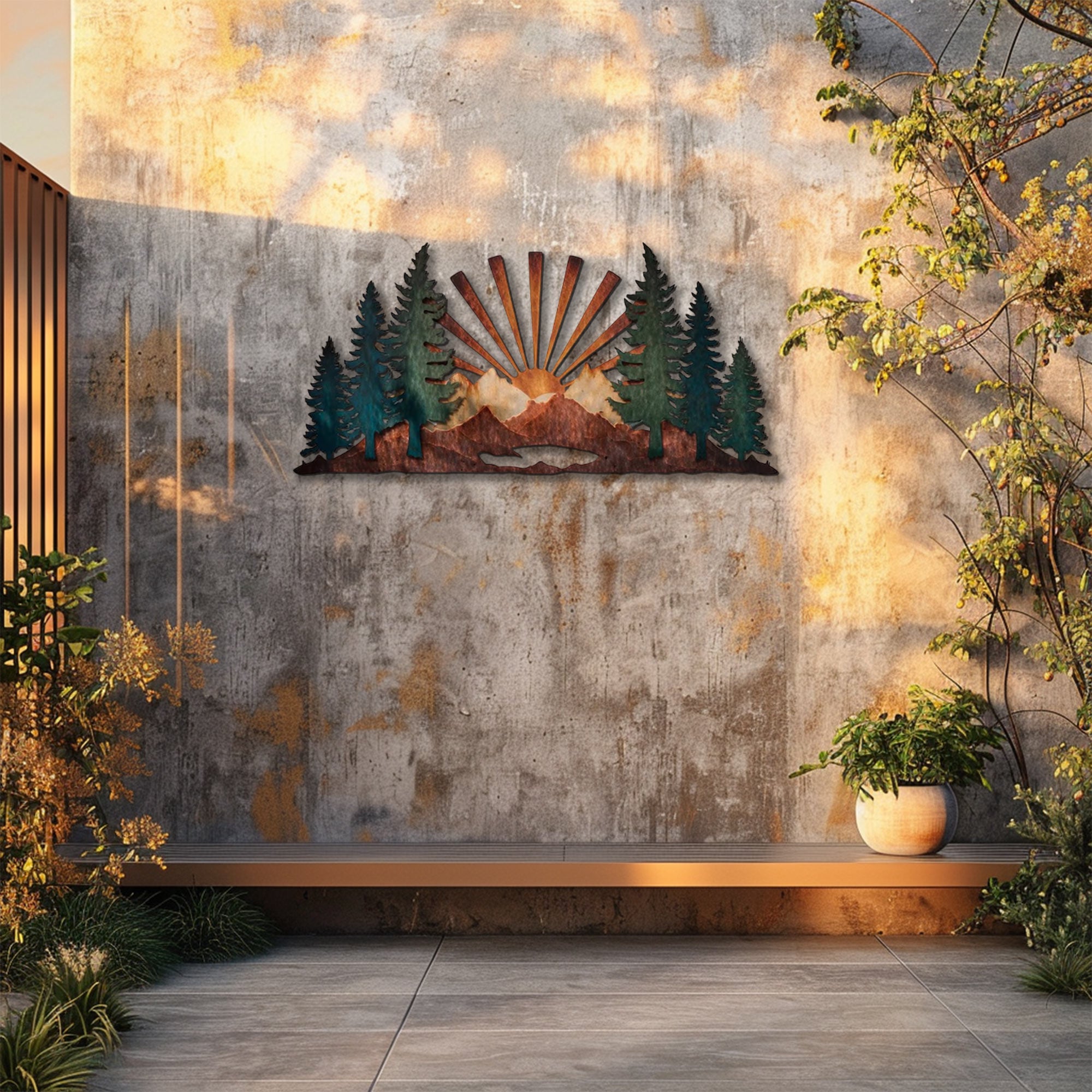 Mountain Forest Sunrise UV printed aluminum metal wall art for rustic cabin patio and living room decor 5