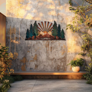 Mountain Forest Sunrise UV printed aluminum metal wall art for rustic cabin patio and living room decor 5