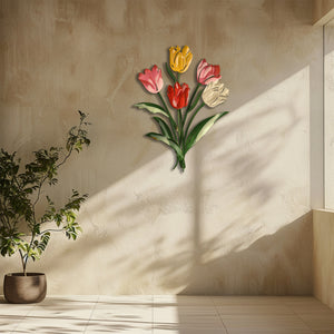 Pastel tulip bouquet metal wall art with colorful floral botanical design mounted on textured wall 5