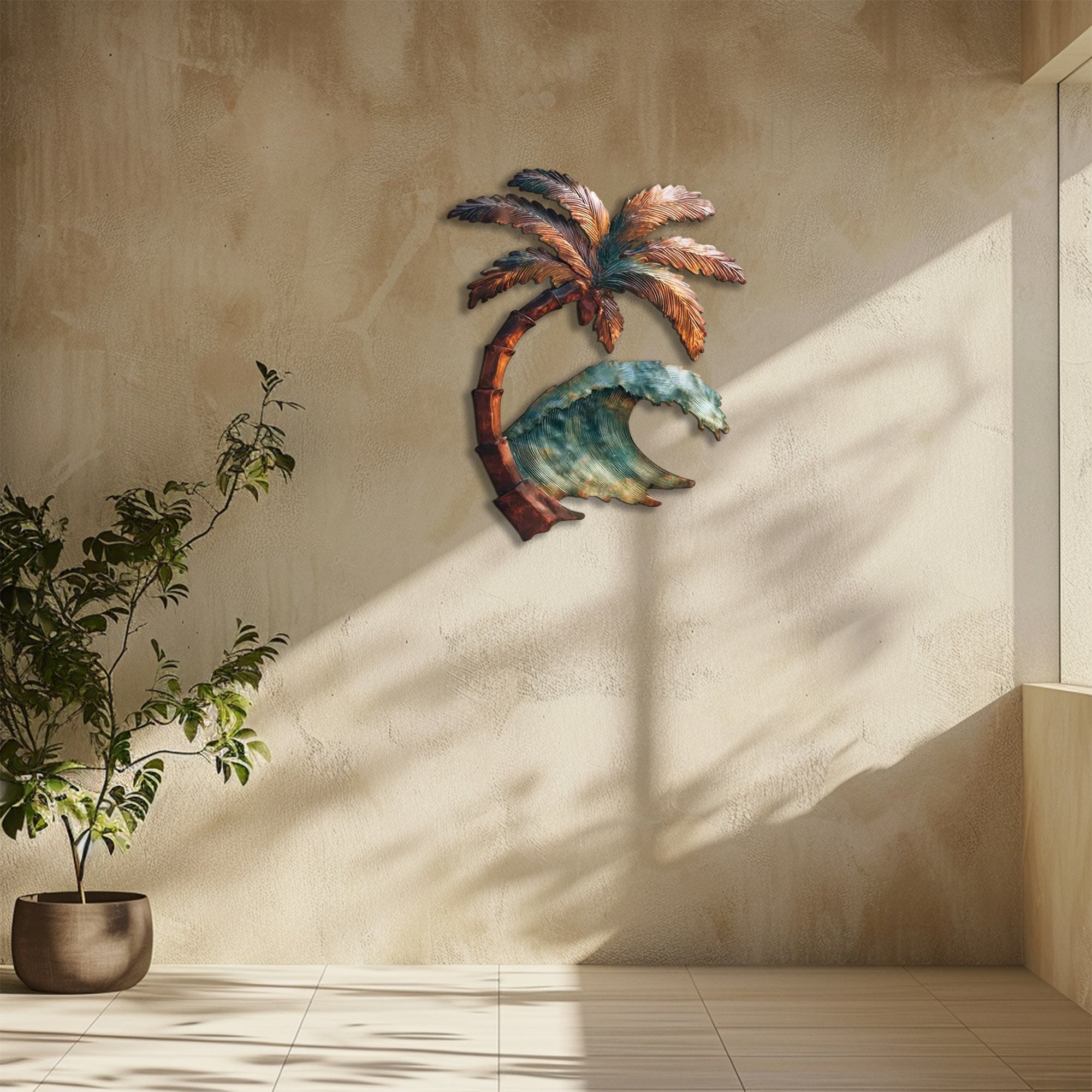 Palm tree ocean wave metal wall art with tropical coastal design mounted on beige wall 5