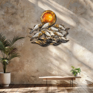 Silver fish metal wall art with ocean waves and sunset coastal aluminum wall decor 5