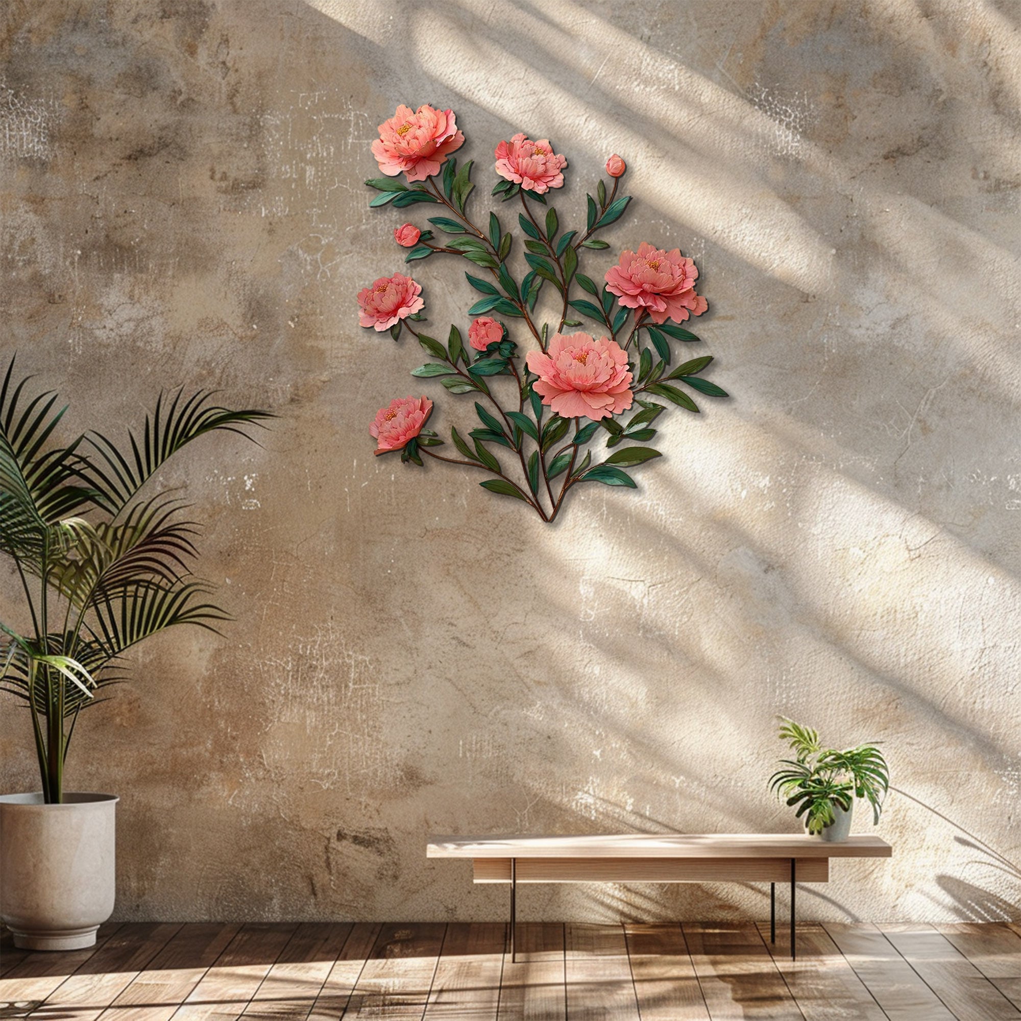Soft pink peony metal wall art with elegant botanical floral branches mounted on textured wall 5