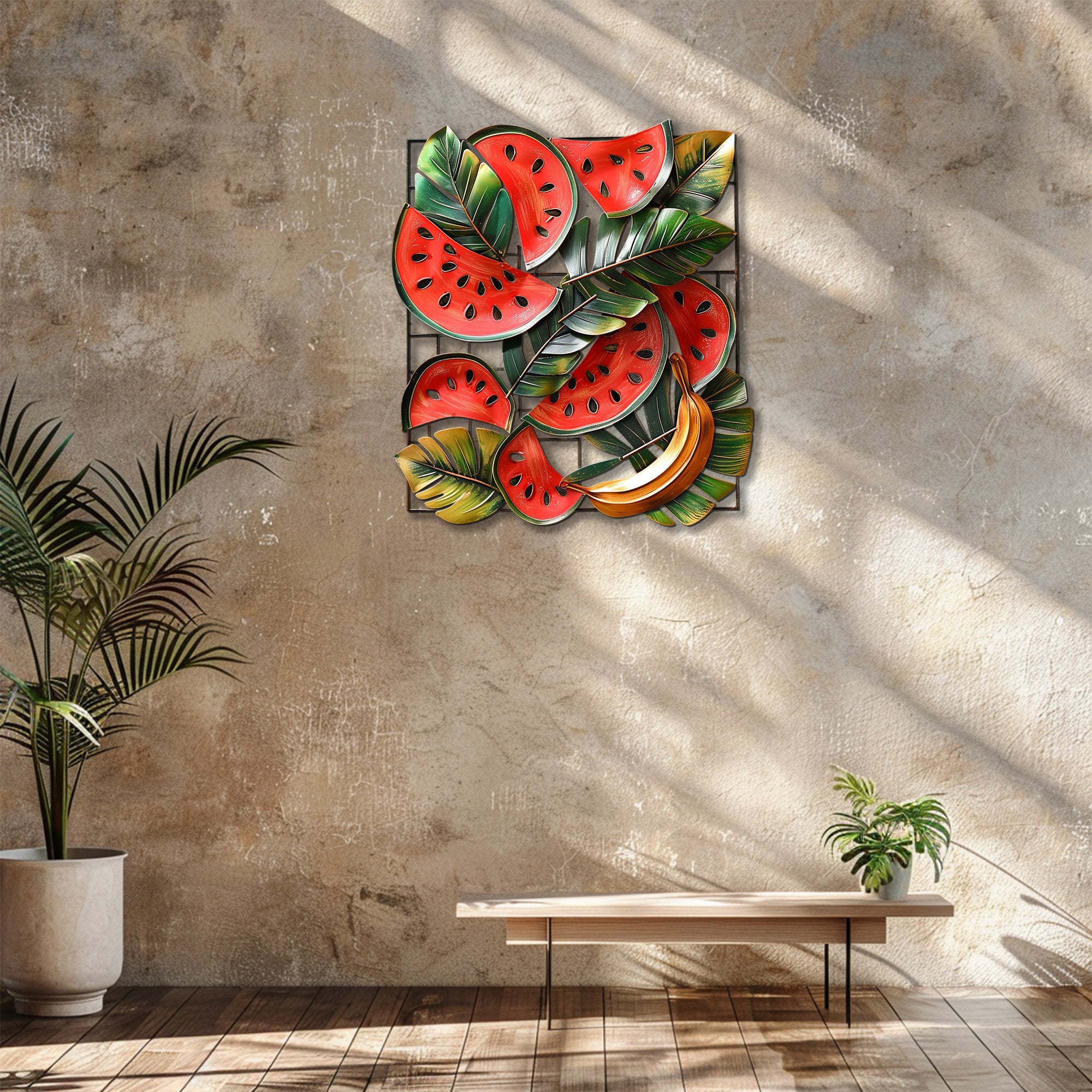 Tropical watermelon and banana metal wall art with lush botanical leaves for summer kitchen decor 5