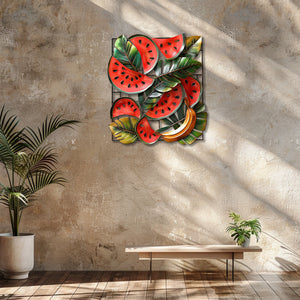 Tropical watermelon and banana metal wall art with lush botanical leaves for summer kitchen decor 5