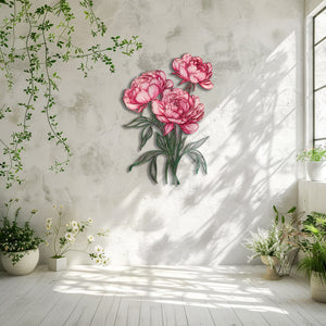 Pink peony flower metal wall art with elegant floral design mounted on textured wall 5