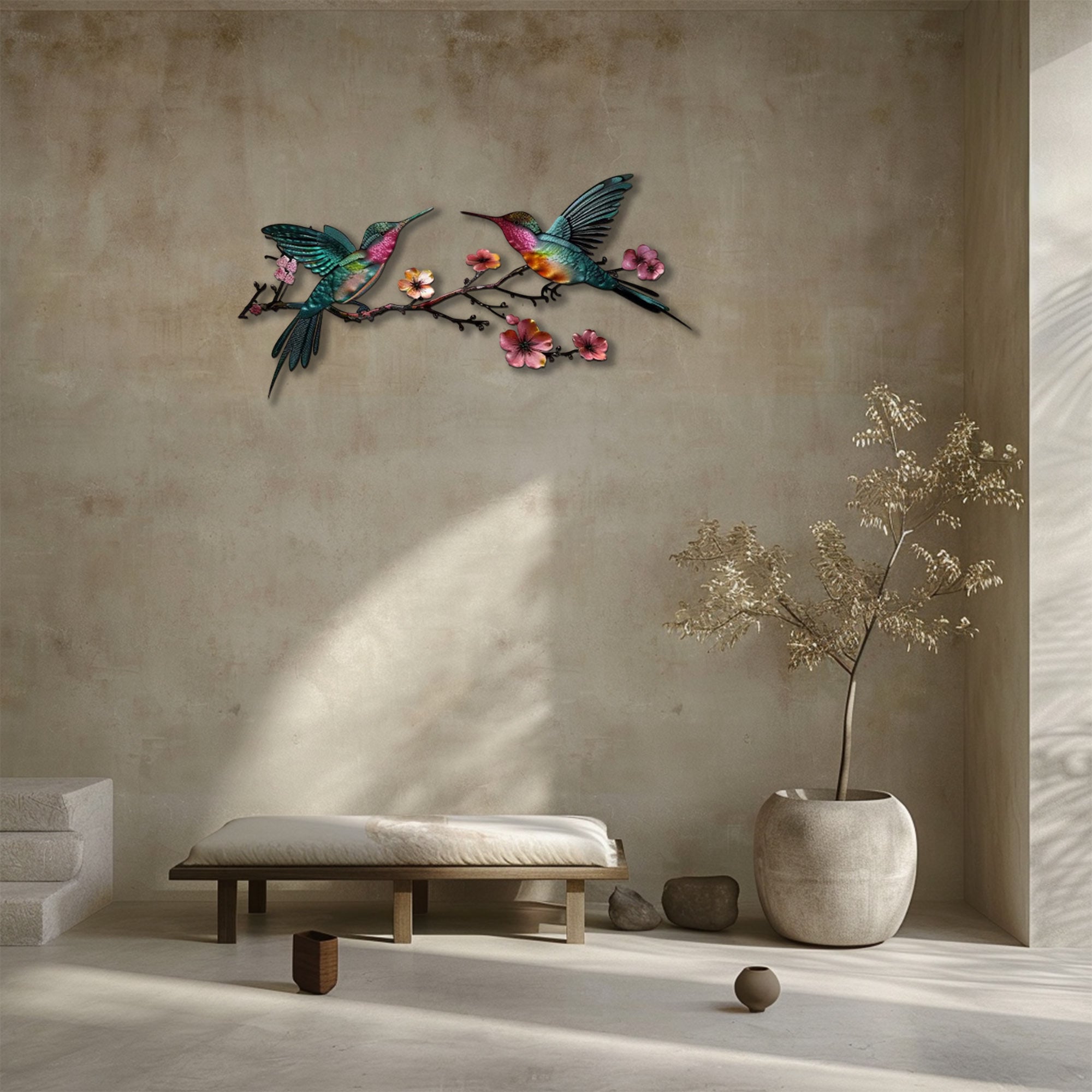 Hummingbird Branch UV printed aluminum metal wall art for floral living room and patio decor 5