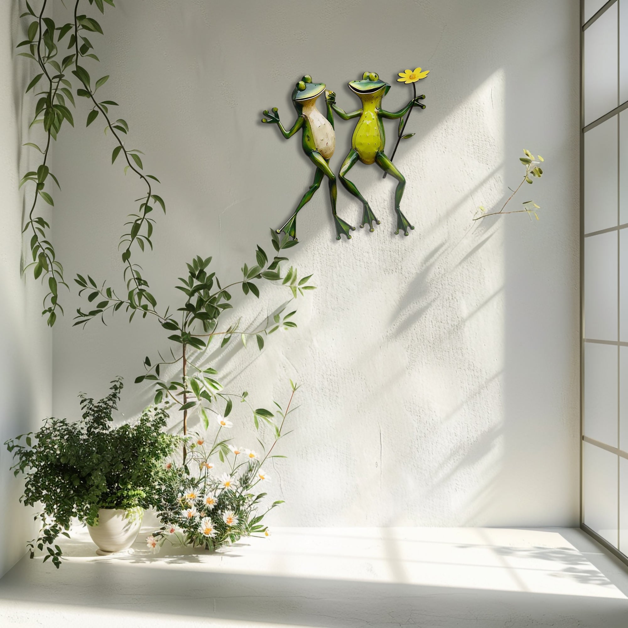 Cute frog couple metal wall art holding flower whimsical garden aluminum wall decor 5