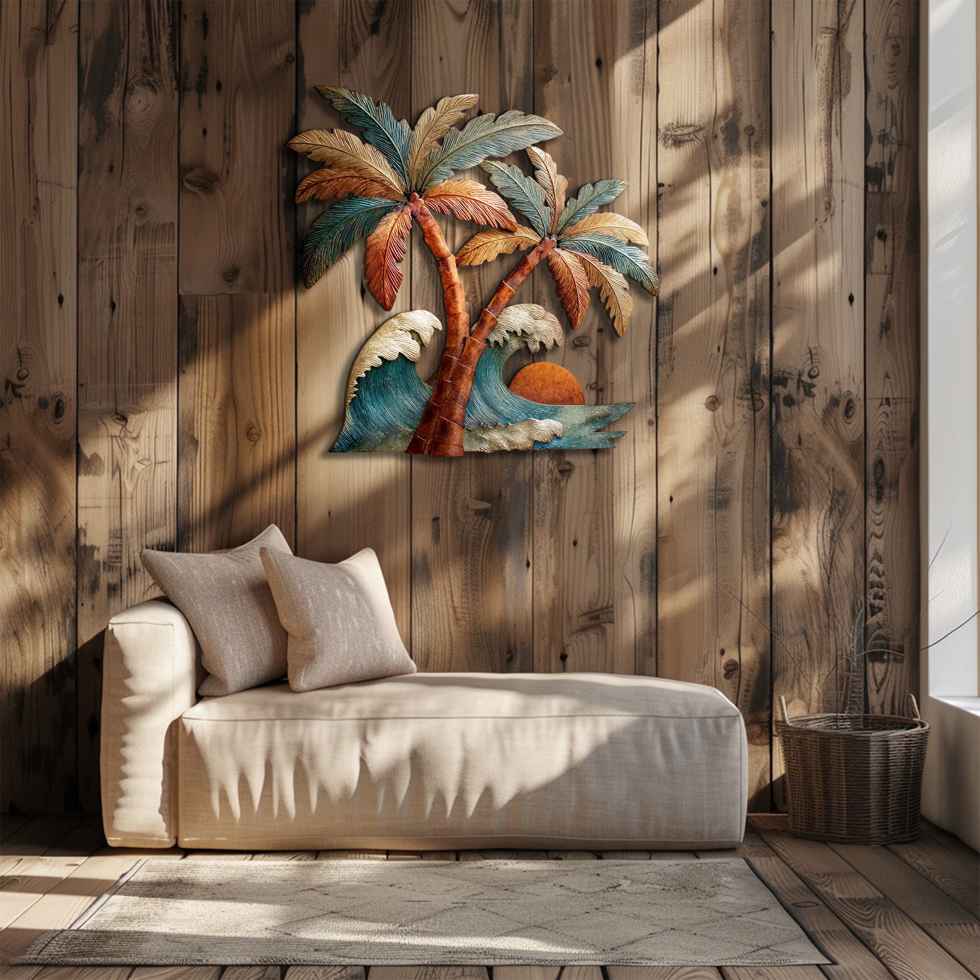 Tropical palm wave metal wall art with ocean waves and sunset coastal design mounted on wall 5