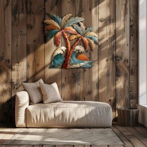 Tropical palm wave metal wall art with ocean waves and sunset coastal design mounted on wall 5