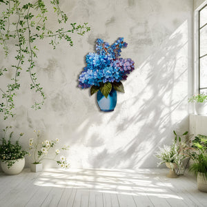 Blue hydrangea bouquet metal wall art with floral vase arrangement 5
