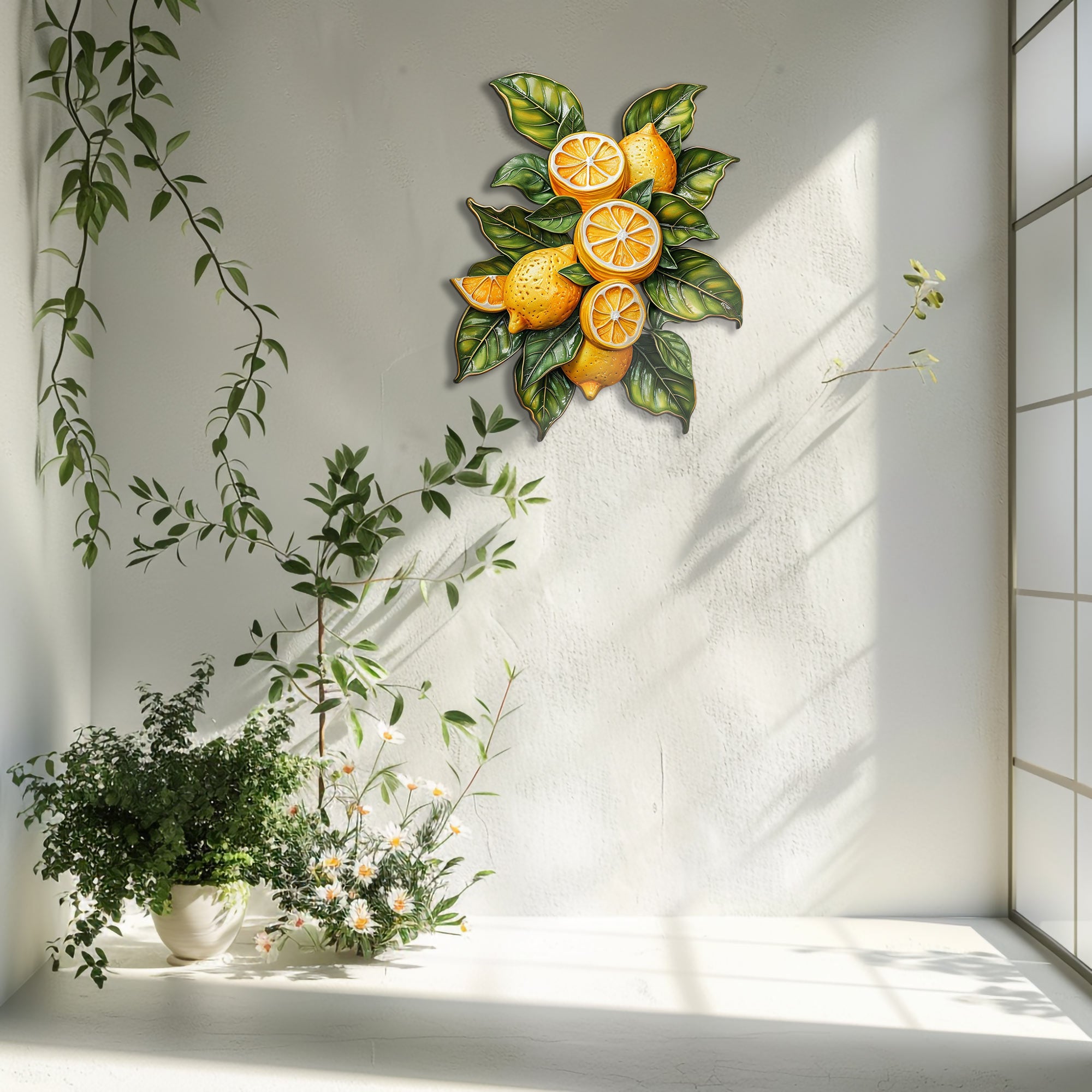 Lemon orchard metal wall art with vibrant citrus fruits and leafy botanical branches for Mediterranean kitchen decor 5