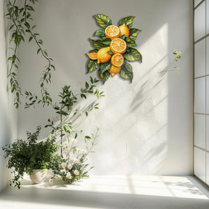 Lemon orchard metal wall art with vibrant citrus fruits and leafy botanical branches for Mediterranean kitchen decor 5