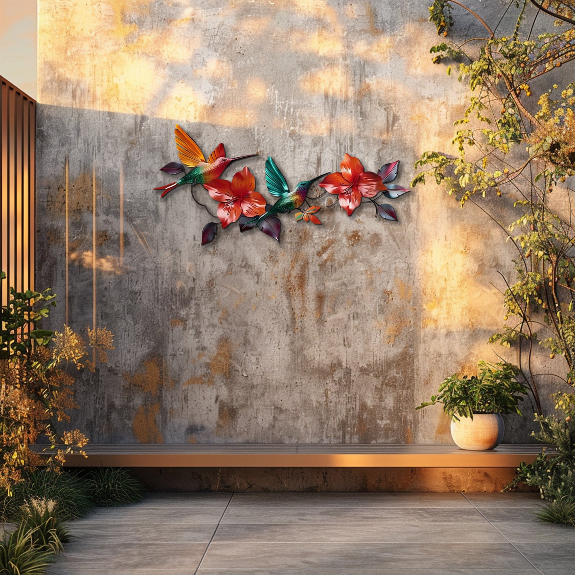 Hummingbird Hibiscus UV printed aluminum metal wall art for tropical living room and patio decor 7