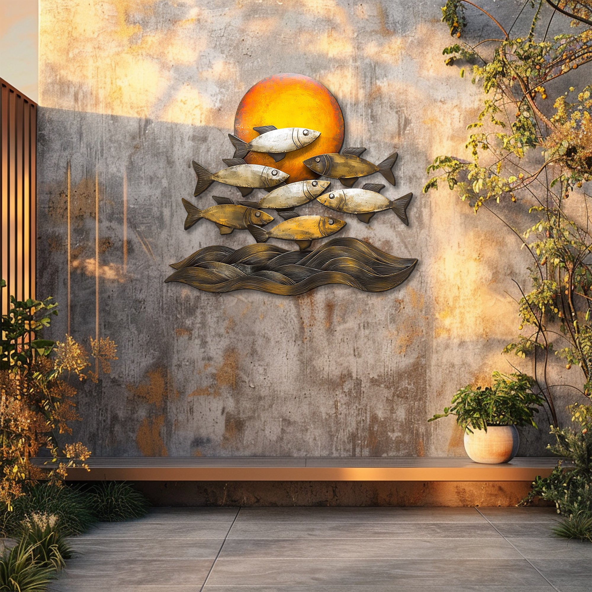 Golden sunset fish metal wall art with ocean waves coastal aluminum wall decor 5