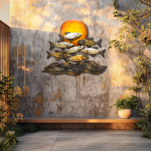 Golden sunset fish metal wall art with ocean waves coastal aluminum wall decor 5