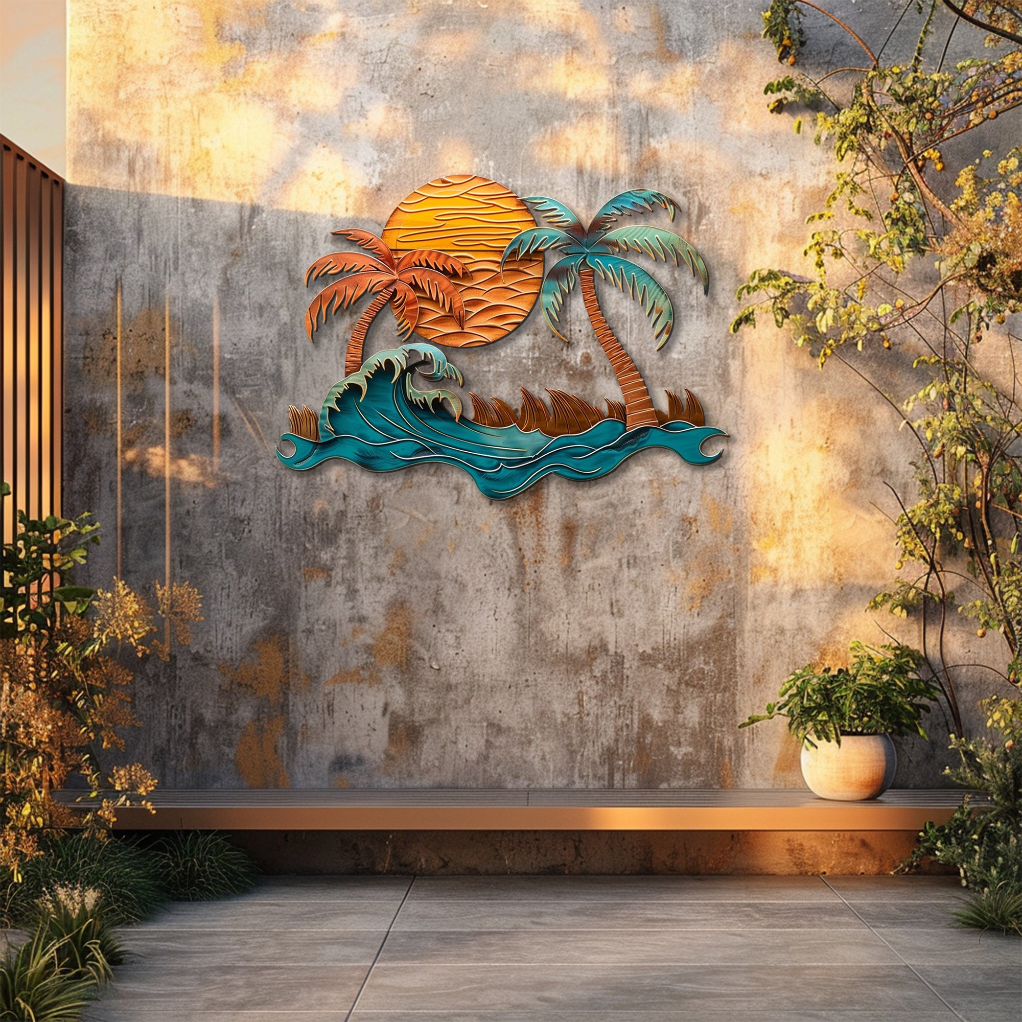 Ocean wave palm trees metal wall art with crashing wave copper sunset sun beach surf house aluminum wall decor 5