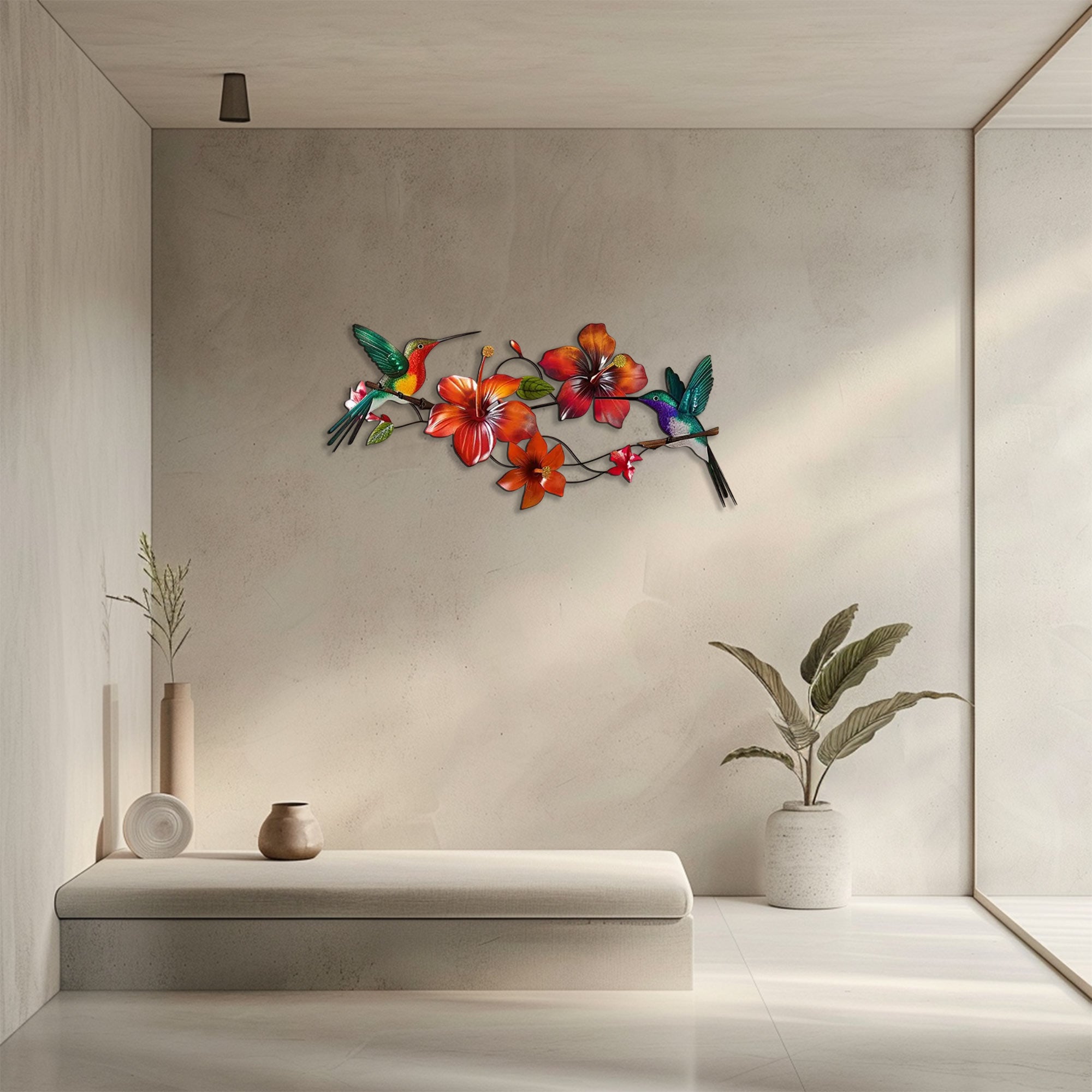 Hummingbird Flower UV printed aluminum metal wall art for tropical living room and patio decor 6