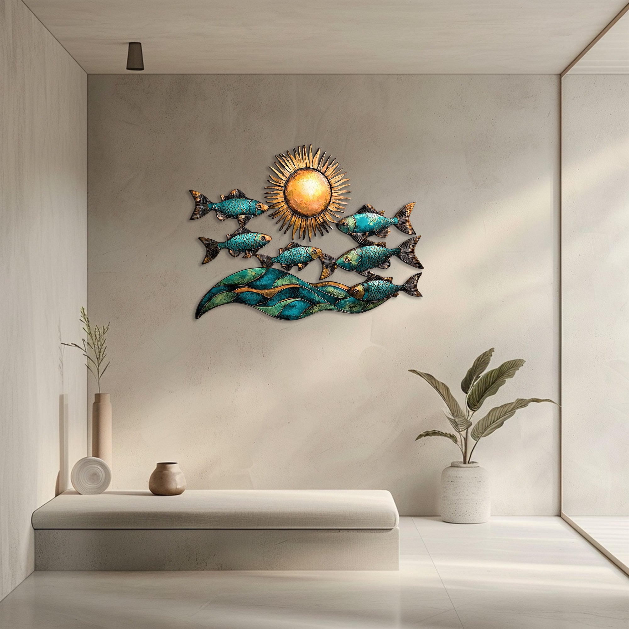 Ocean fish metal wall art with turquoise fish ocean waves and golden sun coastal beach aluminum wall decor 5