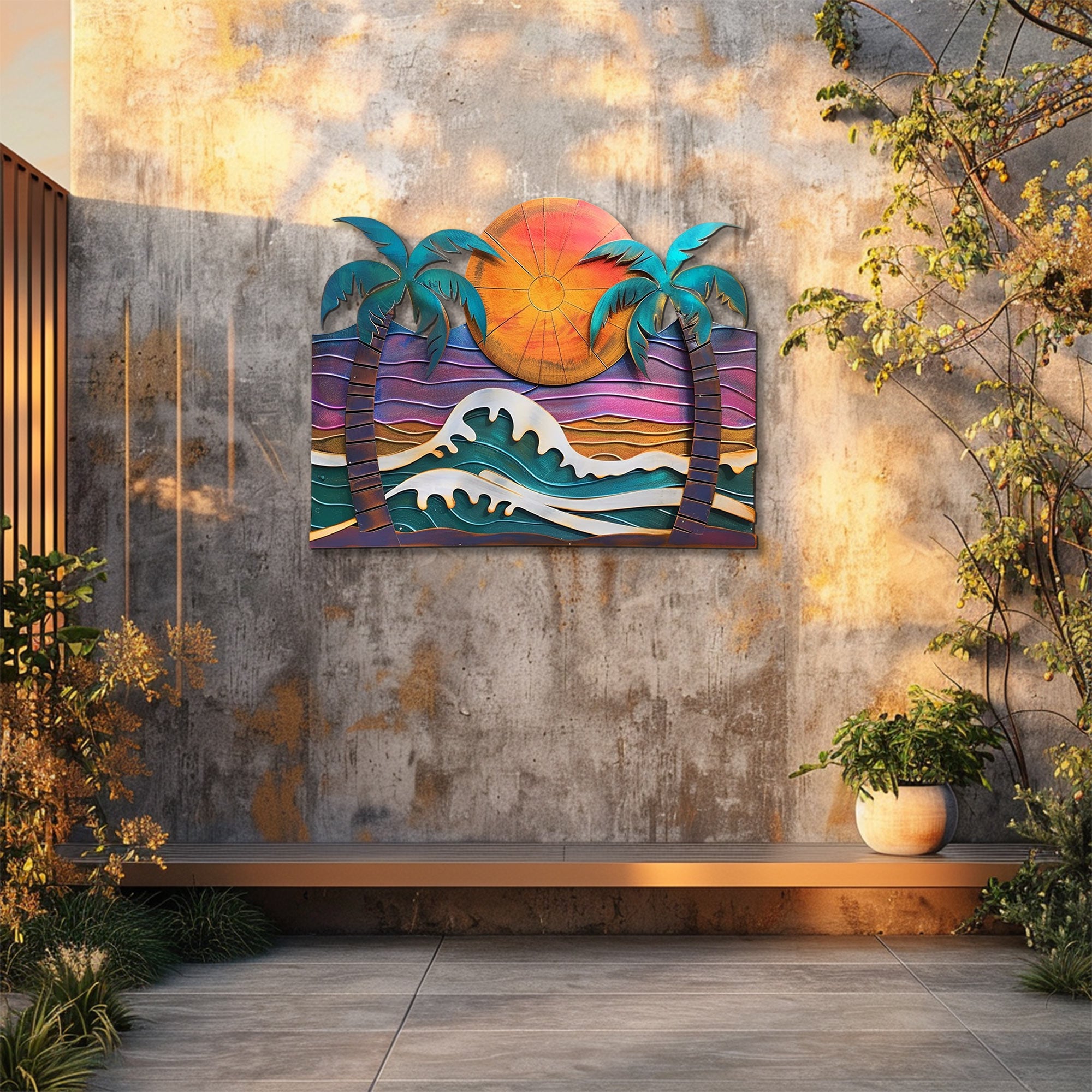 Modern ocean wave palm trees metal wall art with crashing whitecap waves purple sunset sky and framed tropical palm trees aluminum wall decor 5
