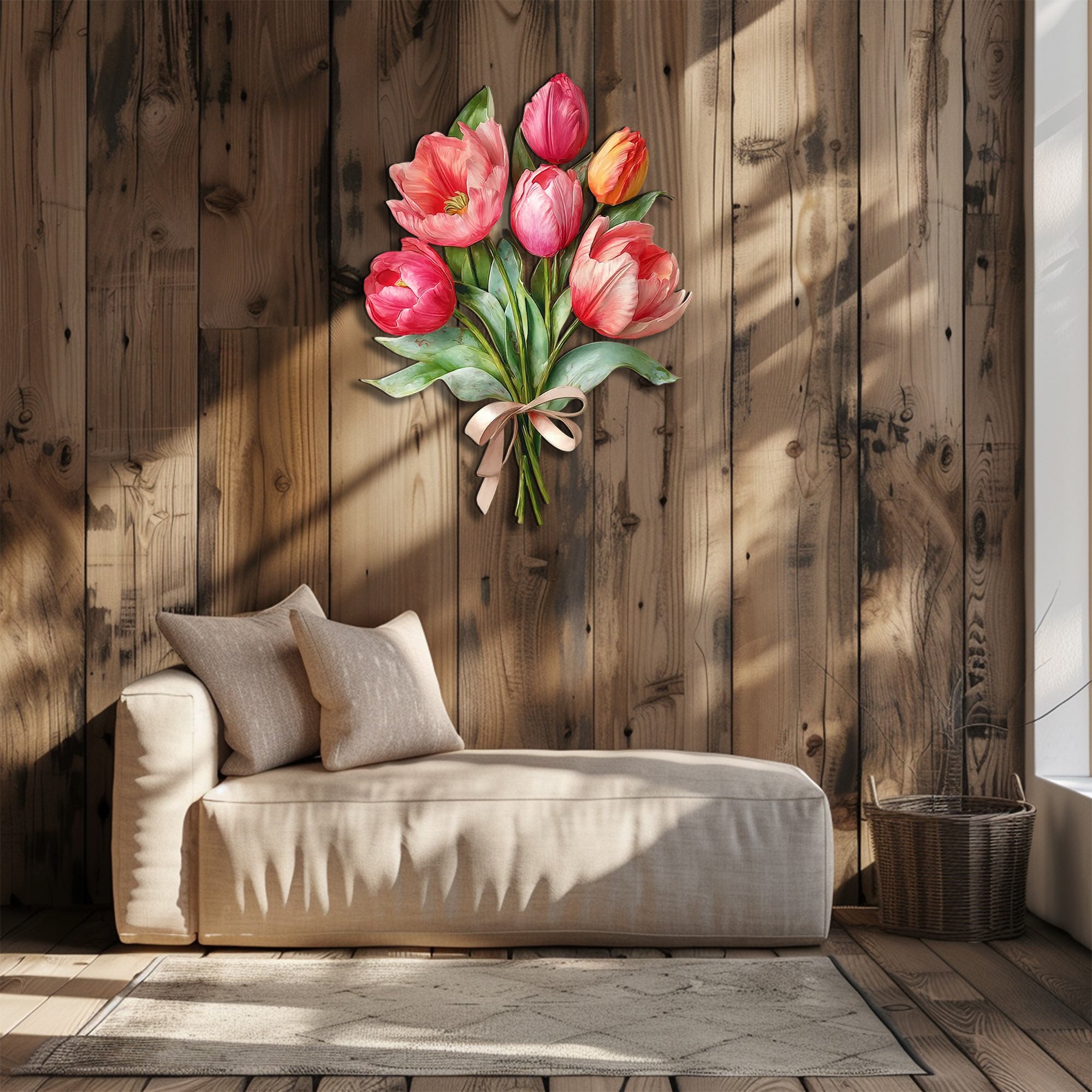 Pink tulip bouquet metal wall art with elegant floral design and ribbon bow mounted on textured wall 5