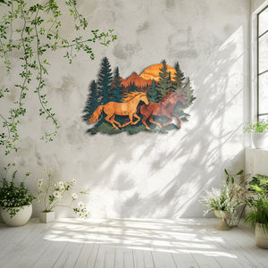 Running horses metal wall art with mountain wilderness and pine forest scenery 5