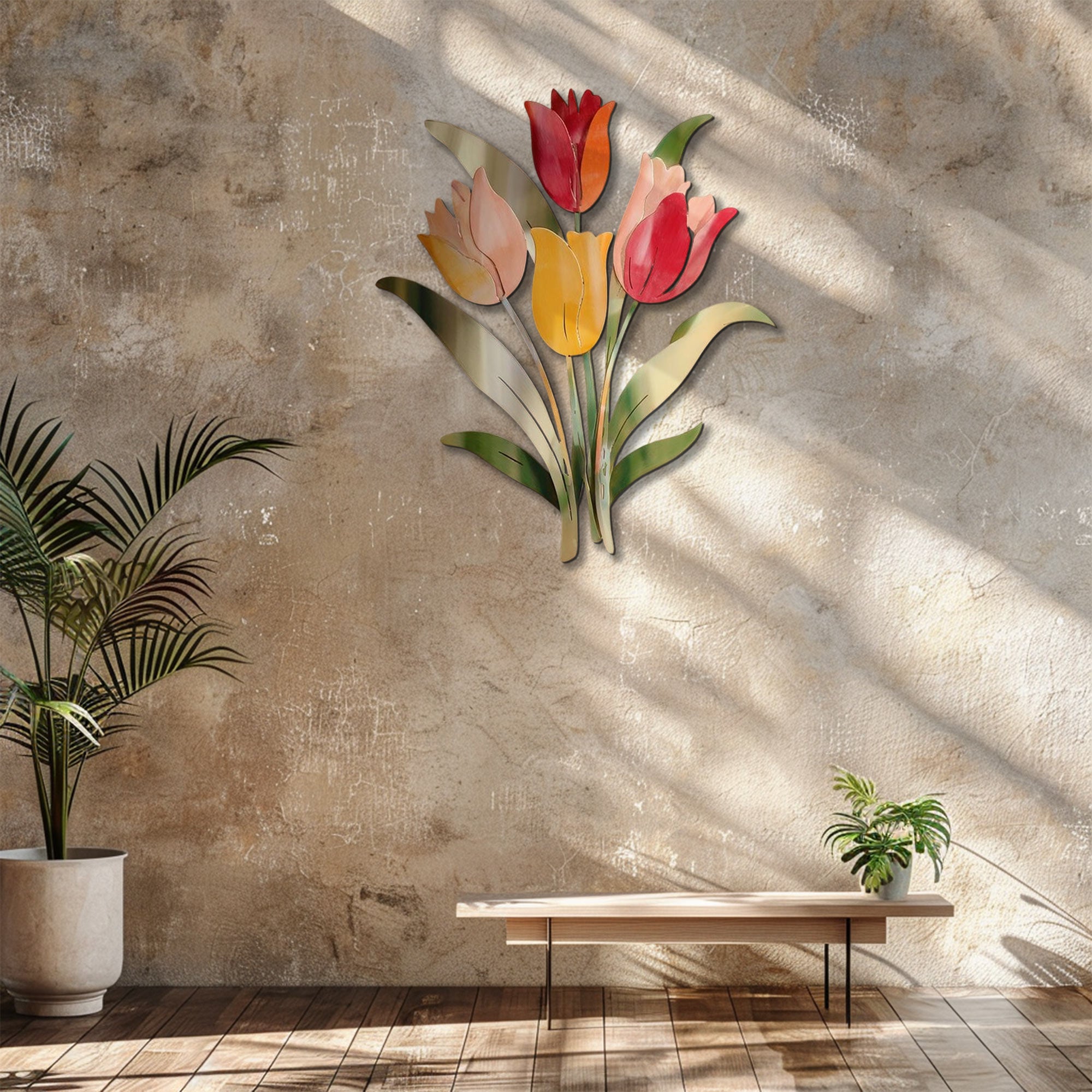 Pastel tulip stem metal wall art with colorful floral botanical design mounted on textured wall 5
